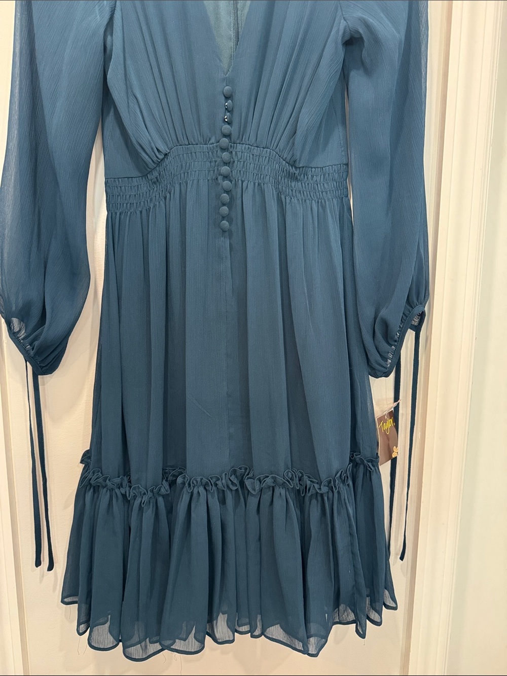Taylor Deep Teal Long-Sleeve V-Neck Ruffle Hem Dress - Picture 5 of 8